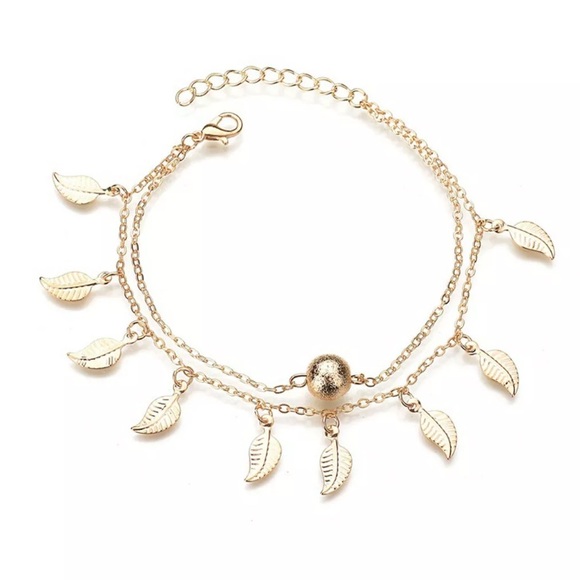 Leaf Gold Toned Boho Anklet - Picture 2 of 5